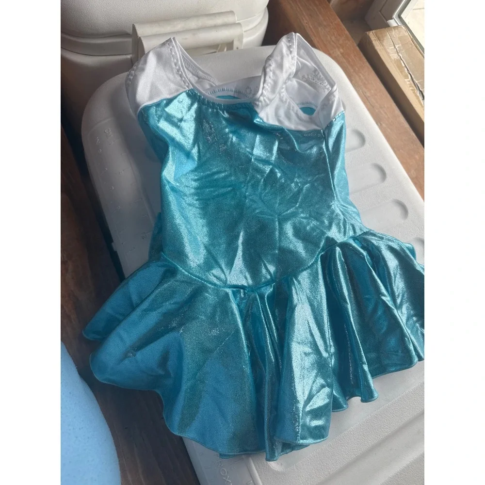 Girls Blue White Snowflake Dance Costume Metallic Foil Skirted Leotard Size 8
